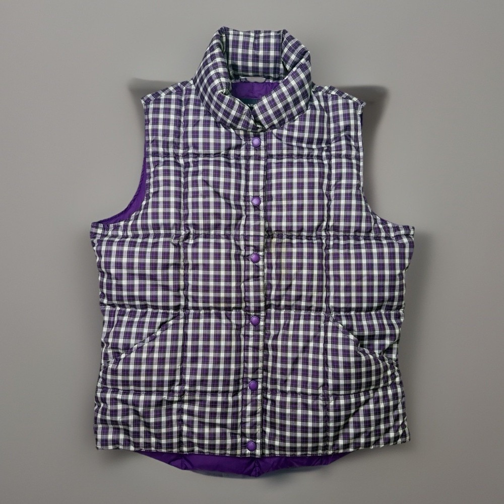 Lands End Women's Down Feather Puffer Vest Snap Plaid Purple Pockets Size Small